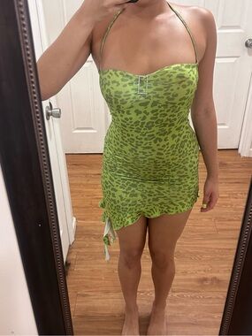 Lime Green Leopard Halter Mini Dress